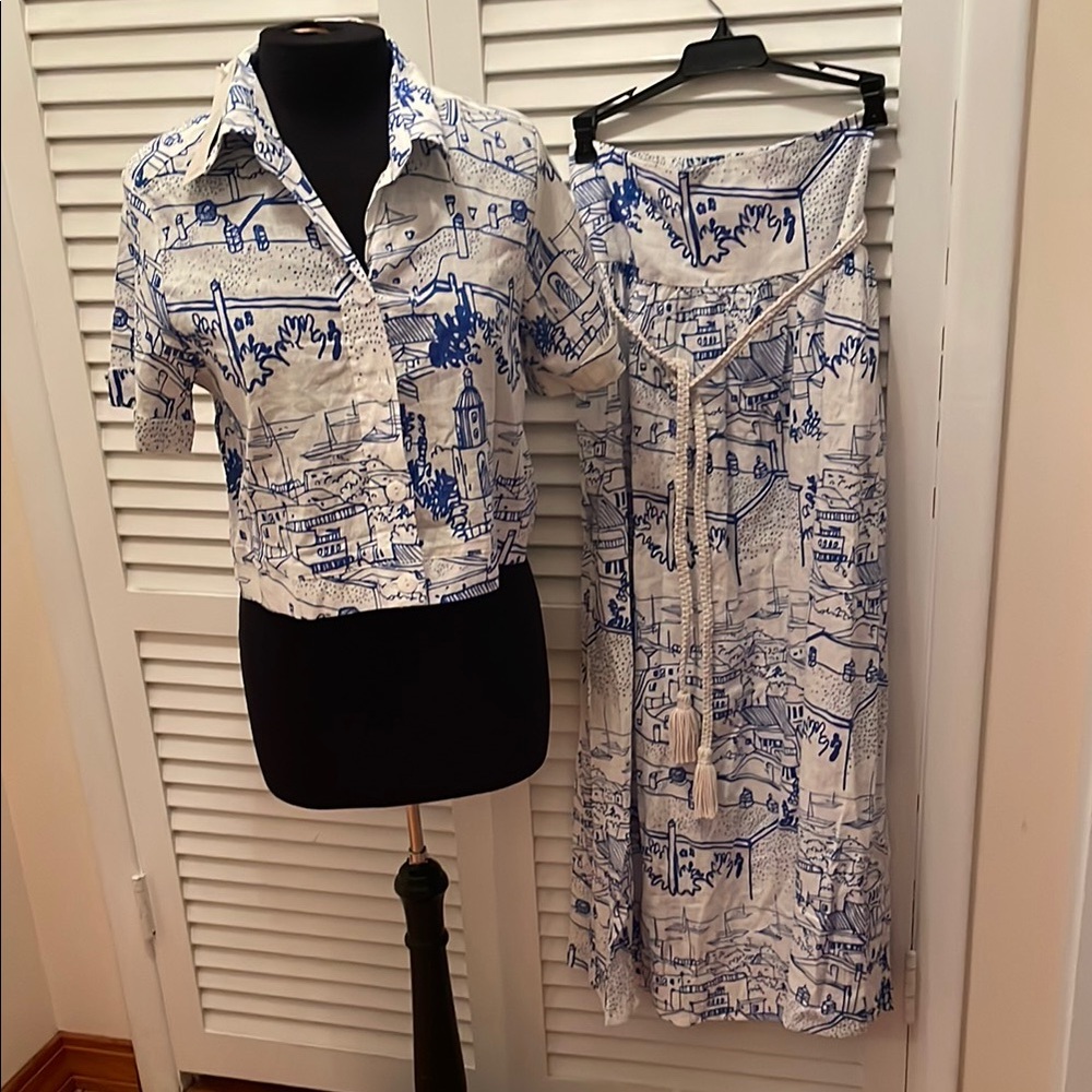 Calypso st.Barth linen blend Chic Blue and White Printed Shirt and skirt Set S